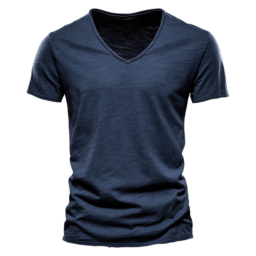 Men's light cotton jersey short-sleeve shirt with V-neck and slim fit StylebySassy