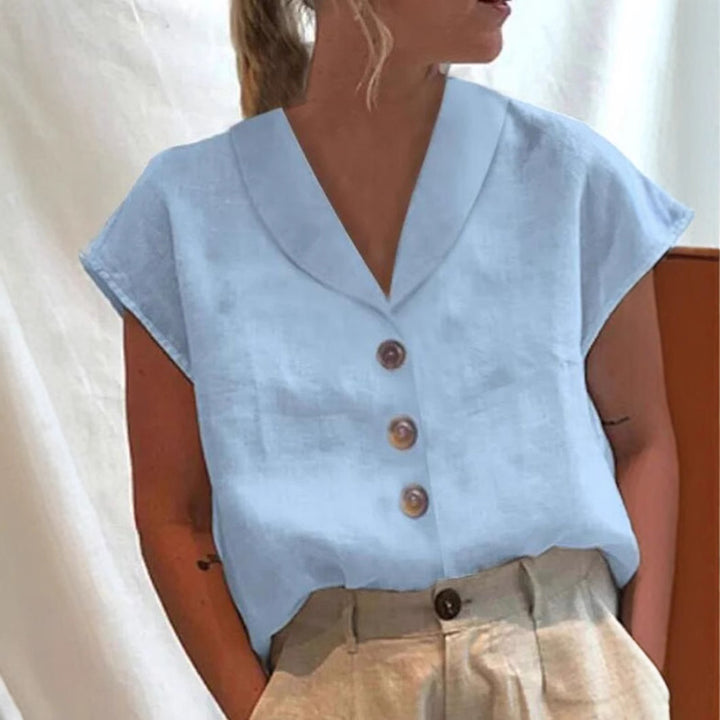 Women's casual linen blouse top with notched collar and wood button placket StylebySassy