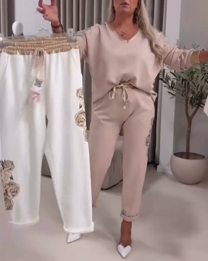 Women’s casual jogging pants with side rose embroidery, elastic comfort waistband, and drawstring StylebySassy