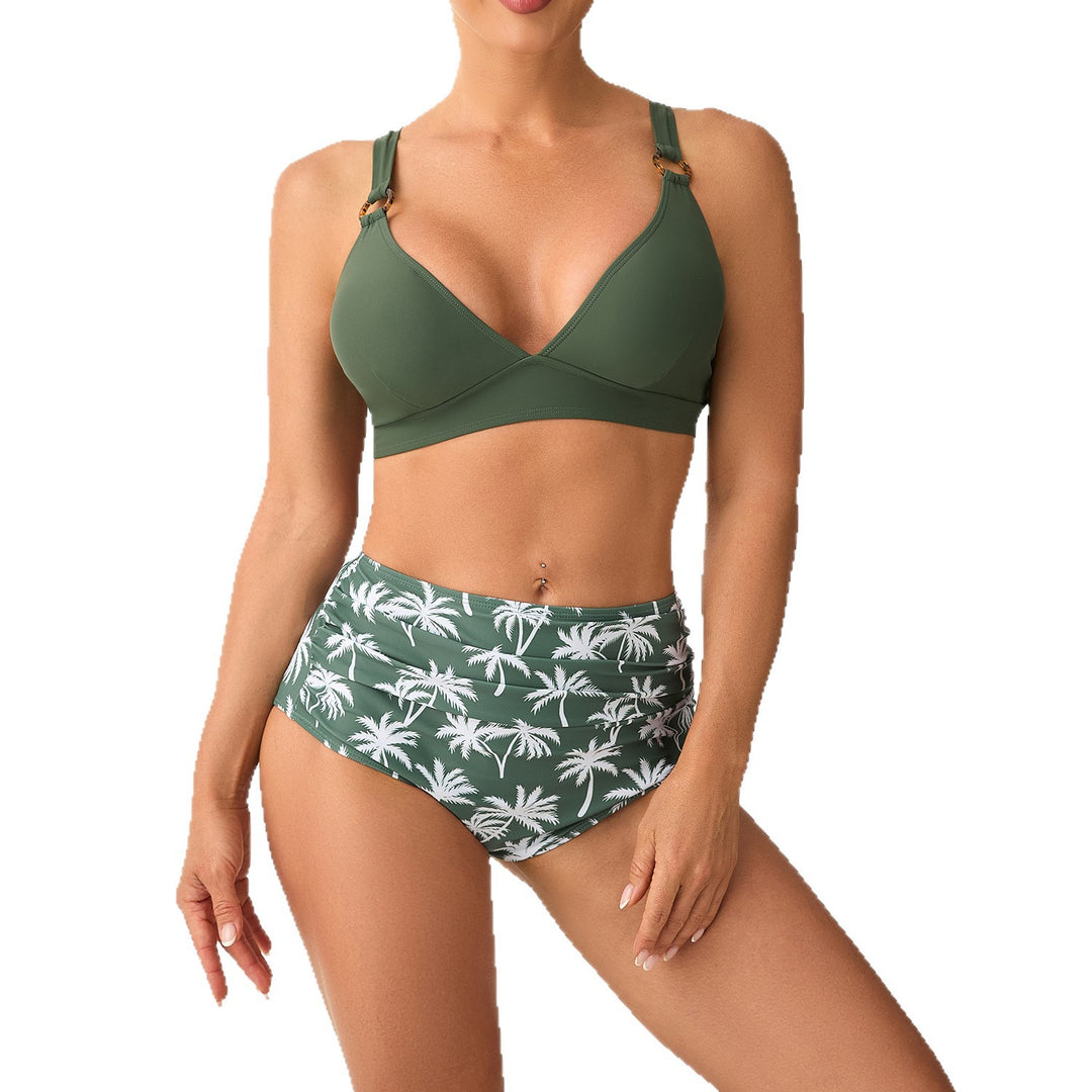 Women High-Waisted Bikini Set with Adjustable Straps and Stylish Palm Print StylebySassy