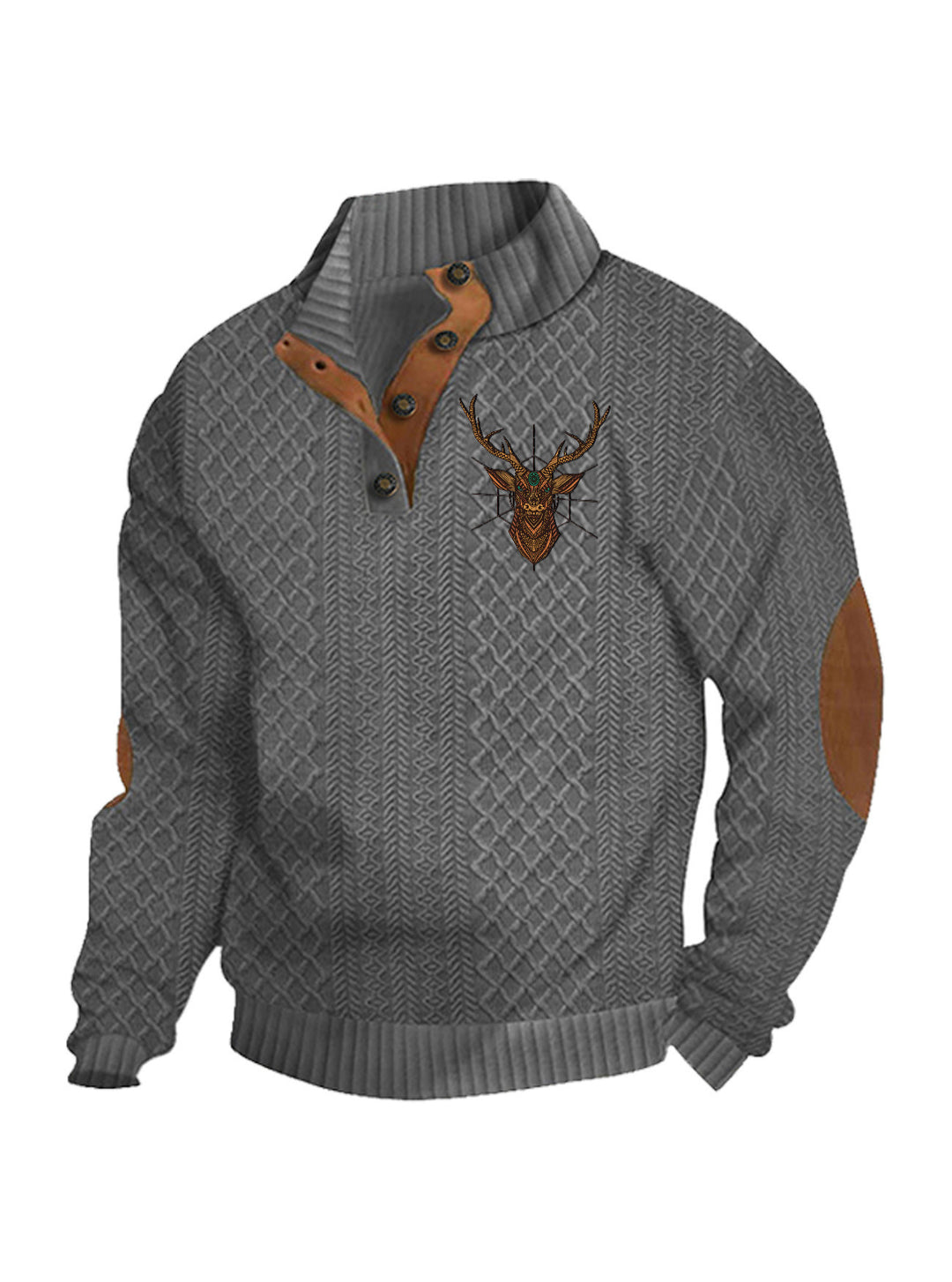 Men's nan Heritage textured pullover with stand-up collar faux leather trim elbow patches and half-button placket StylebySassy