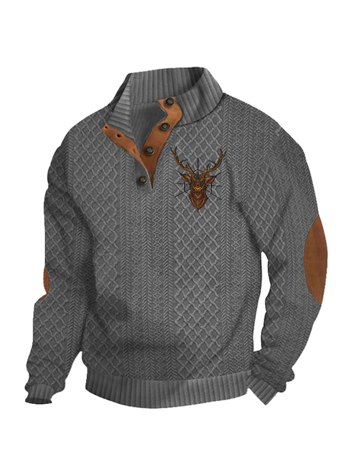 Men's nan Heritage textured pullover with stand-up collar faux leather trim elbow patches and half-button placket StylebySassy