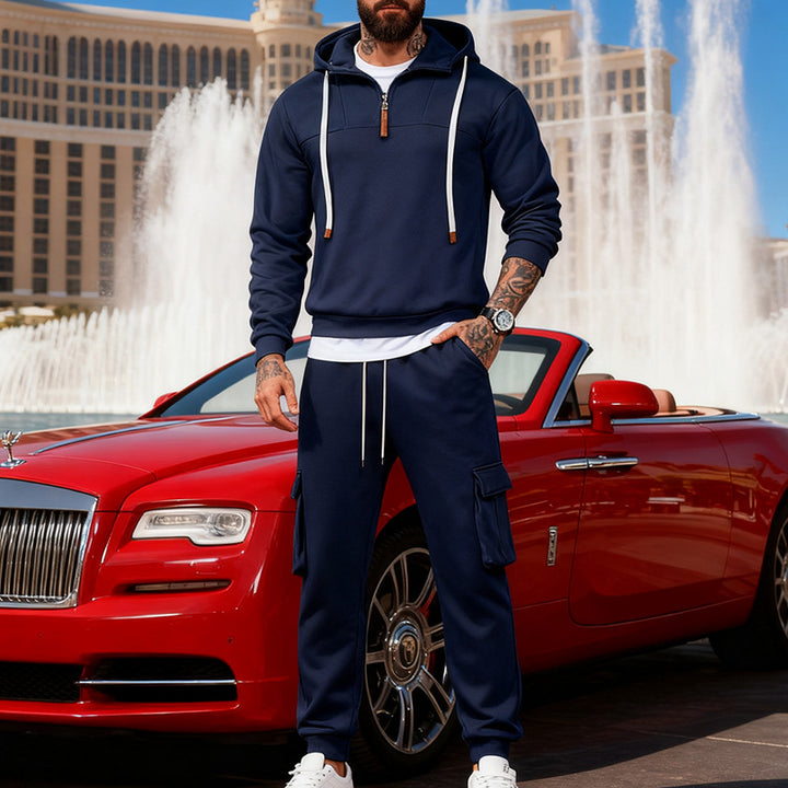 Men's casual fleece tracksuit with half zipper and cargo pockets StylebySassy