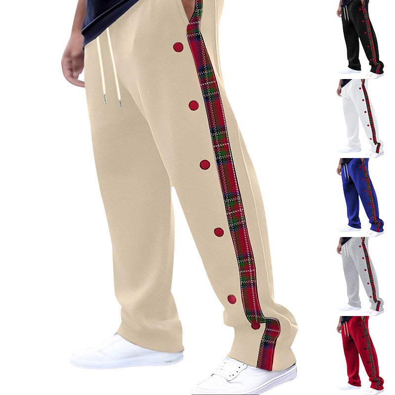 Men's casual jogging pants with checkered side piping, snap button placket, and ankle slits StylebySassy