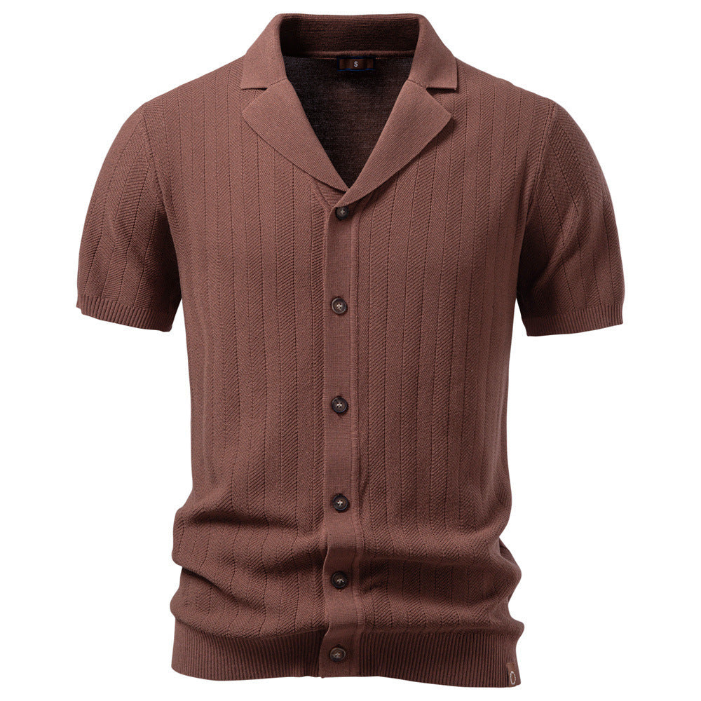 Men's short sleeve knitted cardigan with lapel collar and fine textured knit StylebySassy
