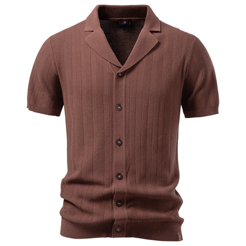Men's short sleeve knitted cardigan with lapel collar and fine textured knit StylebySassy
