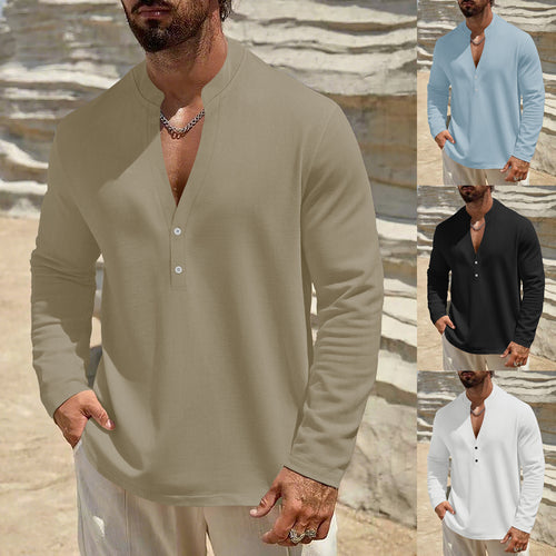 Men's loose-fitting tunic shirt with mandarin collar, two-button Henley placket, and light texture StylebySassy