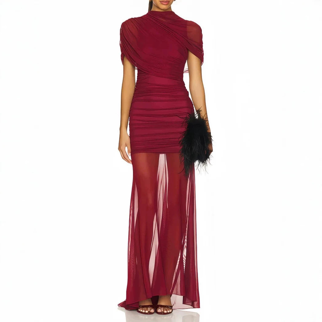 Women's Elegant Cocktail Dress with Ruffled Design and Transparent Layer