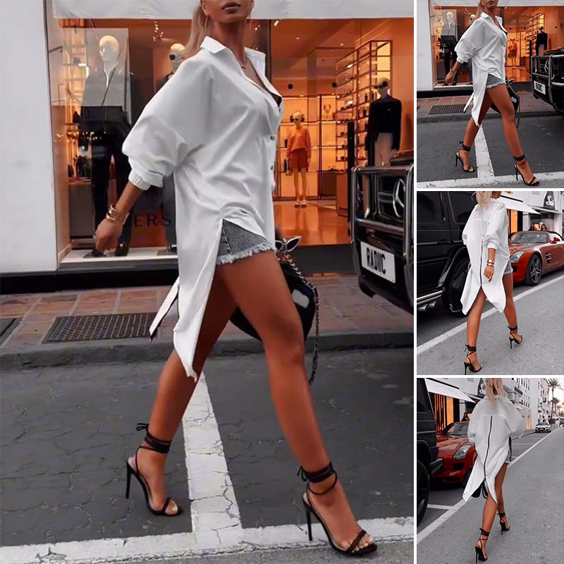 Ladies' oversized shirt dress with central back zipper, split tail hem, and elbow-length batwing sleeves StylebySassy