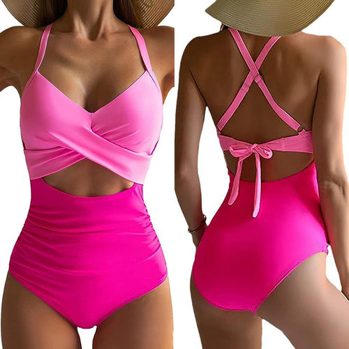 Women's one-piece swimsuit with stylish wrap design and sophisticated cross straps StylebySassy