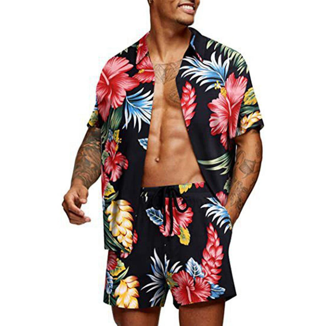 Men's tropical short sleeve shirt and swim shorts set with lapel collar, drawstring, and practical side pockets StylebySassy