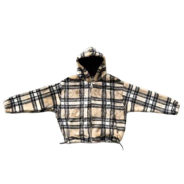 Unisex non-padded plaid fleece bomber jacket with hood drawstring and zippered pockets StylebySassy
