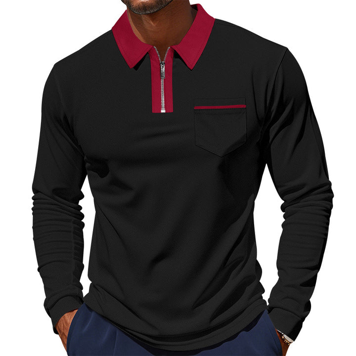 Men's long-sleeved polo with half zip, patch chest pocket, and fine structure jersey quality StylebySassy