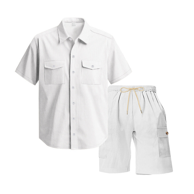 Men's structured short-sleeve shirt and bermuda set with flap pockets and elastic waistband StylebySassy