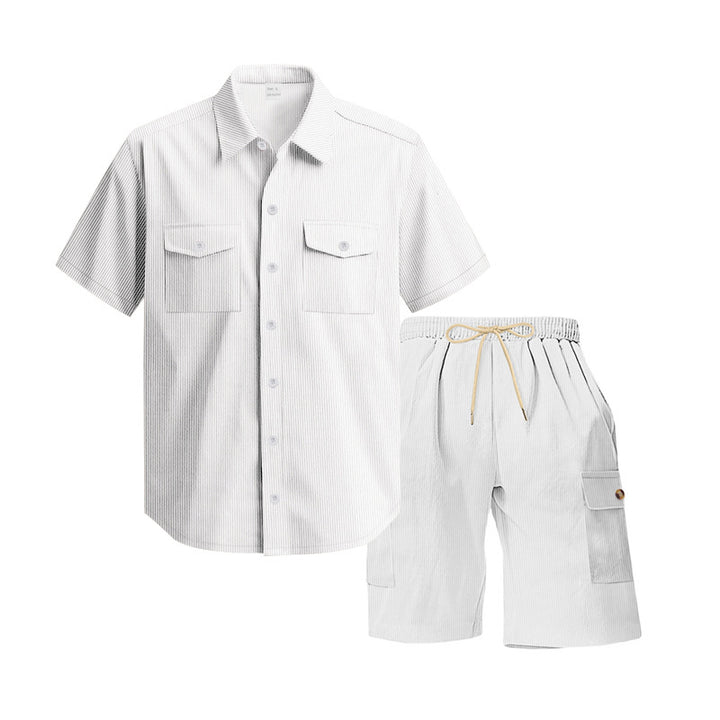 Men's structured short-sleeve shirt and bermuda set with flap pockets and elastic waistband StylebySassy