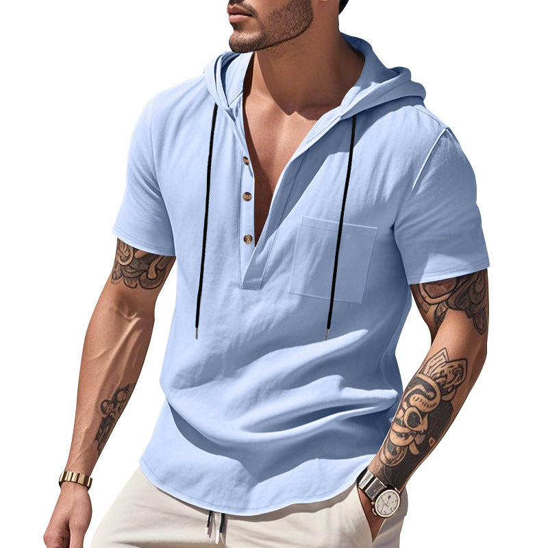 Men's lightweight short-sleeve hooded Henley made of single jersey with chest pocket and contrast drawstring StylebySassy
