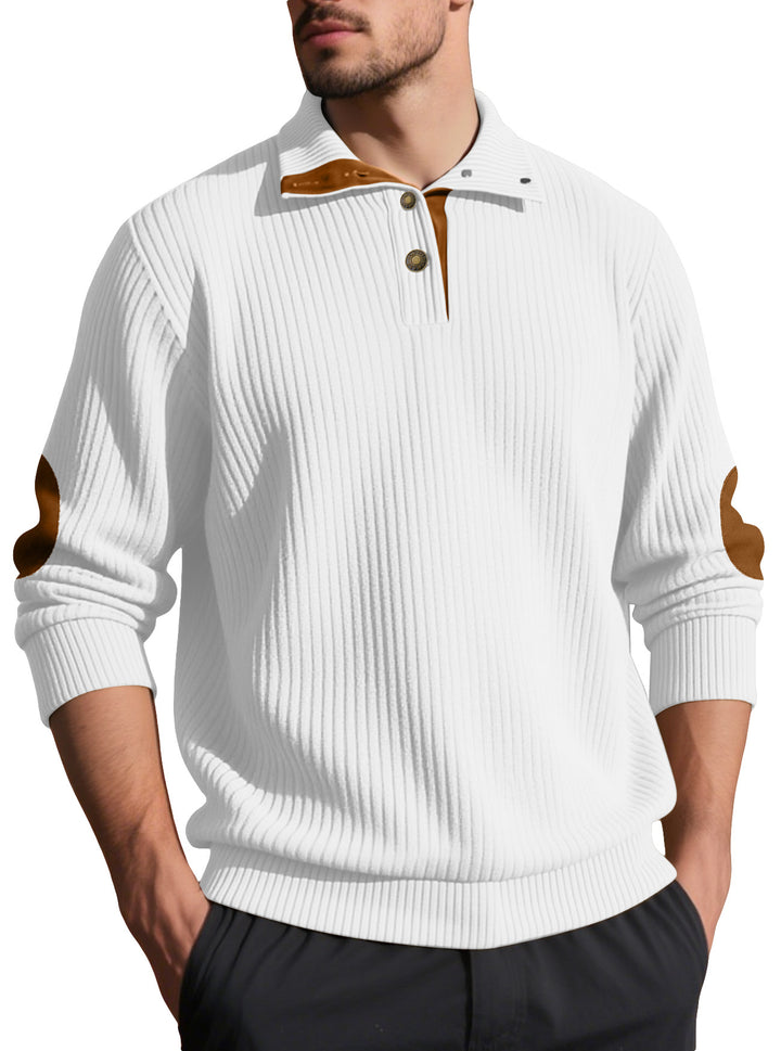 Men's ribbed half-button pullover with Kent collar and leather trim StylebySassy