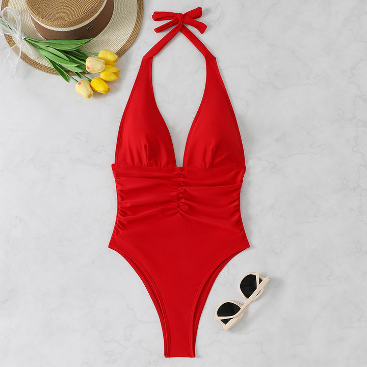 Women's high-cut swimsuit with elegant V-neckline and playful ruffle detail StylebySassy