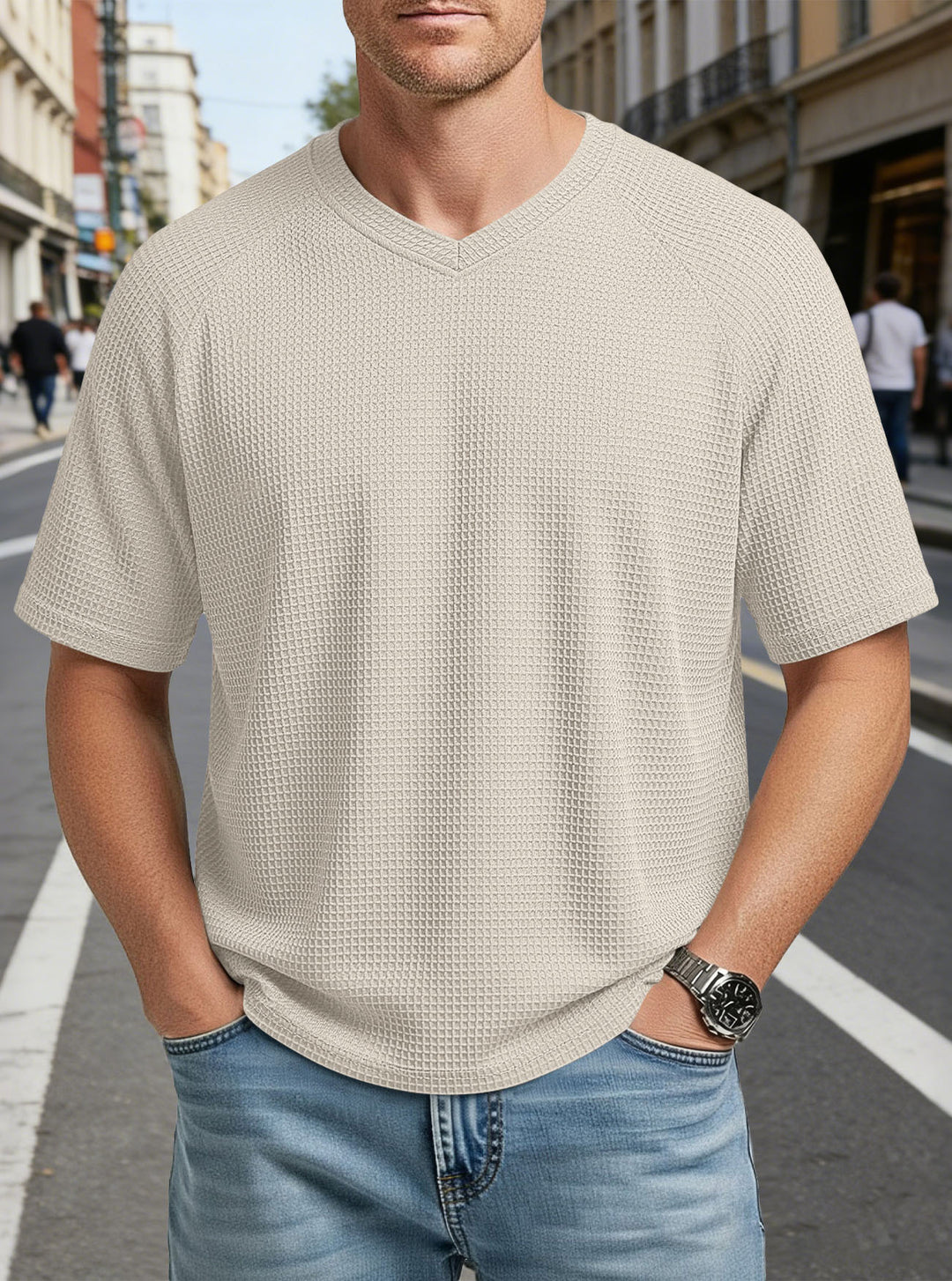 Men's casual V-neck waffle knit T-shirt made of breathable cotton blend StylebySassy