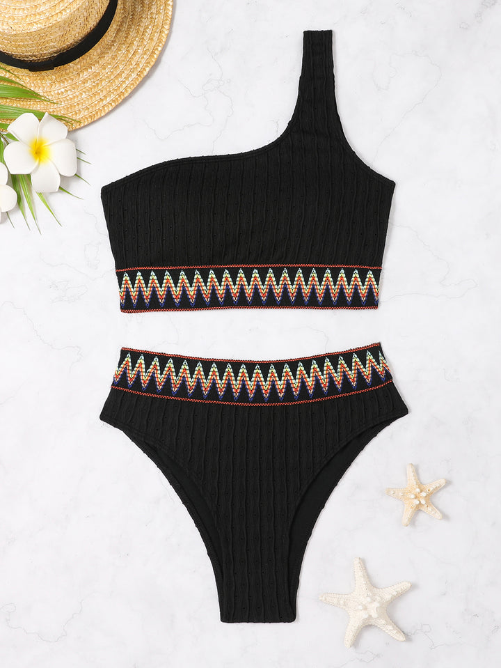 Women One-Sided Crop Bikini with Colorful Jacquard Ribbon StylebySassy