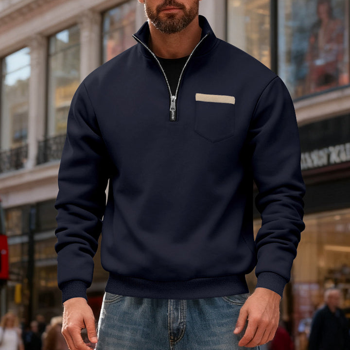 Men's nan sweatshirt with half zipper, stand-up collar, and chest pocket StylebySassy