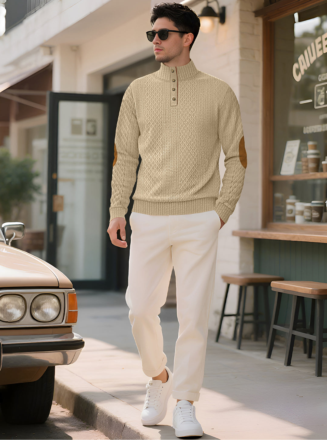 Men's noble button sweater in cable pattern with high stand-up collar and suede elbow patches StylebySassy