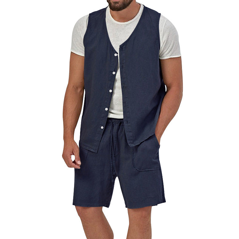Men's two-piece leisure set with sleeveless button vest and wide drawstring shorts with patch pockets StylebySassy