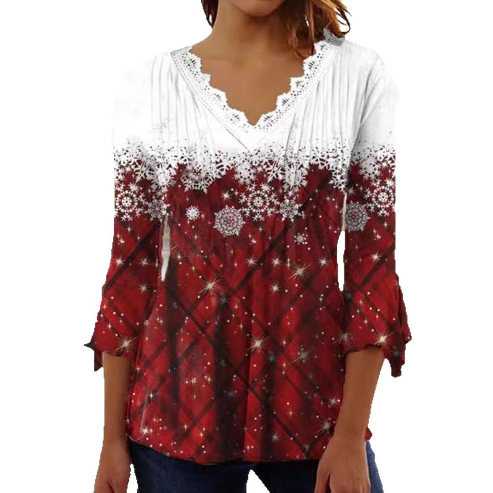 Women's Tunic blouse with lace V-neck, fine pleated yoke and wintry snowflake print StylebySassy