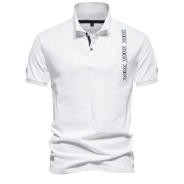 Men's nan casual polo with short button placket, embroidered arrow motif panel, and stand-up collar StylebySassy