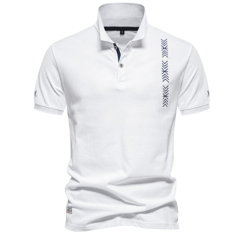 Men's nan casual polo with short button placket, embroidered arrow motif panel, and stand-up collar StylebySassy