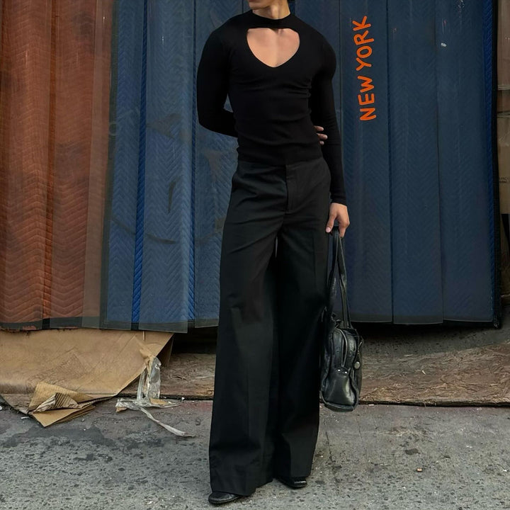 Women’s figure-hugging long sleeve top with cut-out and stand collar StylebySassy