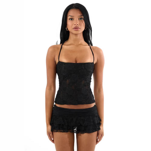 Ladies Spaghetti Strap Crop Top with Lace Pattern StylebySassy