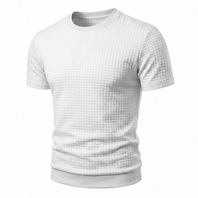 Men's short-sleeved knit shirt with embossed check structure, round neckline, and ribbed hem StylebySassy