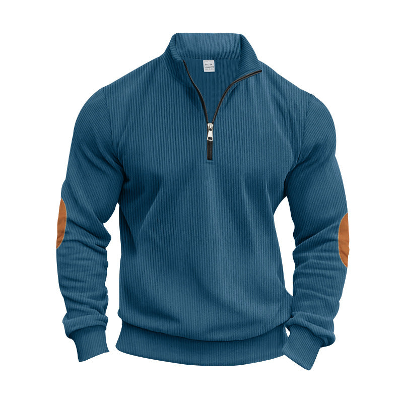 Men's structured cotton knit pullover with half zipper and elbow patches StylebySassy