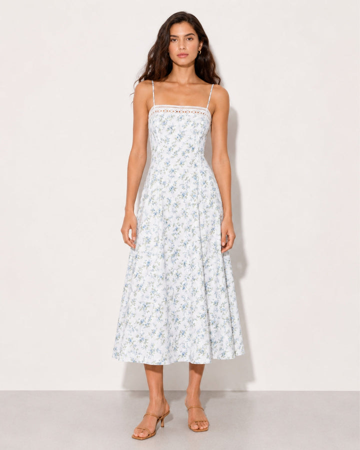 Women's Vintage-inspired Midi Dress with Slim Spaghetti Straps, Lace Insert and Flared Skirt StylebySassy