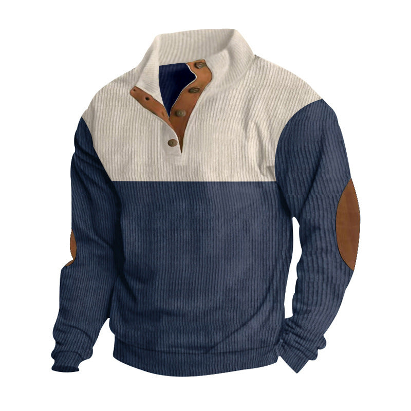 Men's ribbed knit sweater with standing collar, button placket, and leather elbow patches StylebySassy