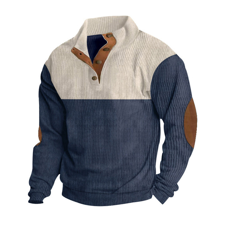 Men's ribbed knit sweater with standing collar, button placket, and leather elbow patches StylebySassy