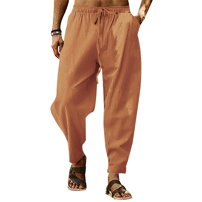 Men's relaxed summer slouch pants made of linen blend with elastic waistband and tapered ankle cuffs StylebySassy