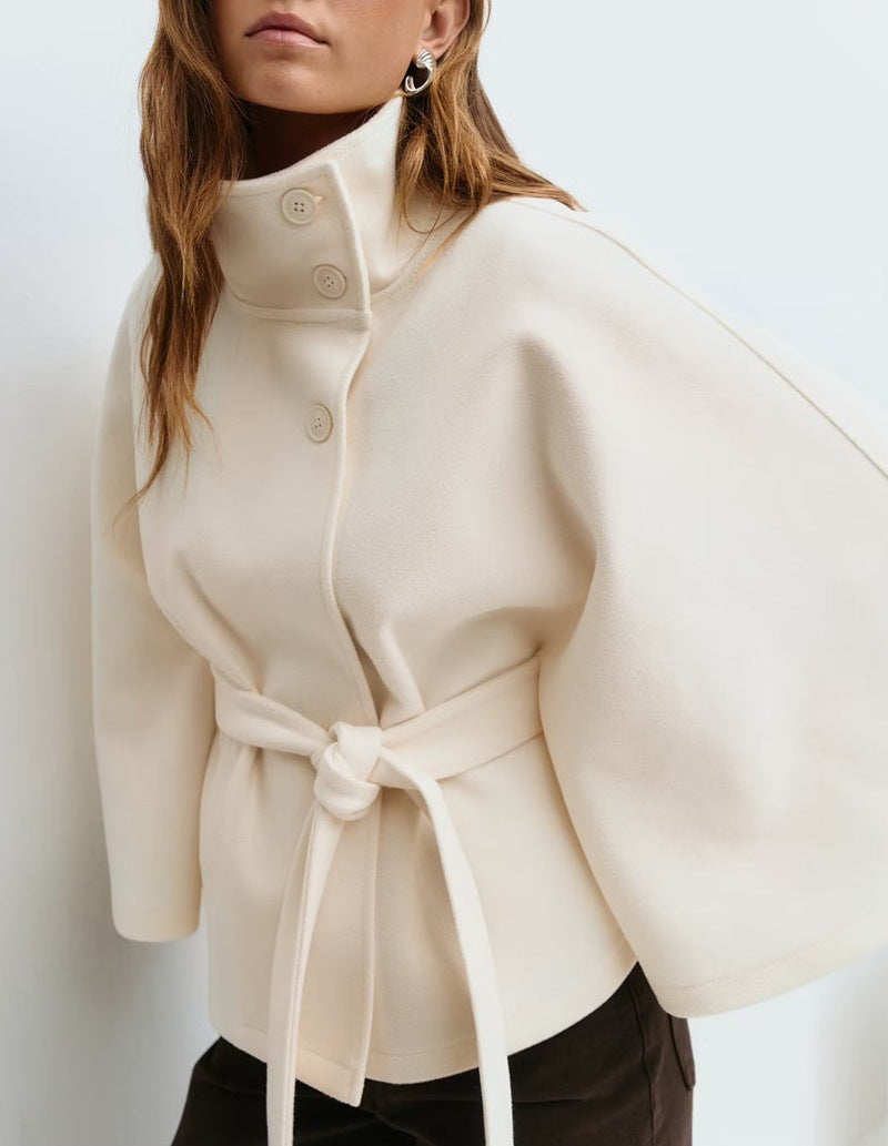 Women's oversized wool cape coat with stand-up collar and tie belt StylebySassy