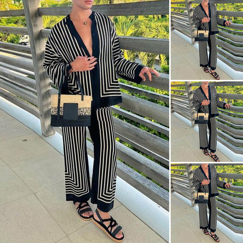Women's striped lounge two-piece with stand-up collar button-up shirt jacket and straight pajama pants StylebySassy