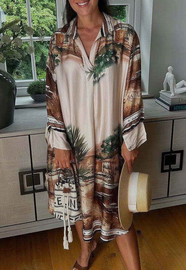 Women's blouse dress in silk look, kaftan style, with an illustrative coastal print StylebySassy
