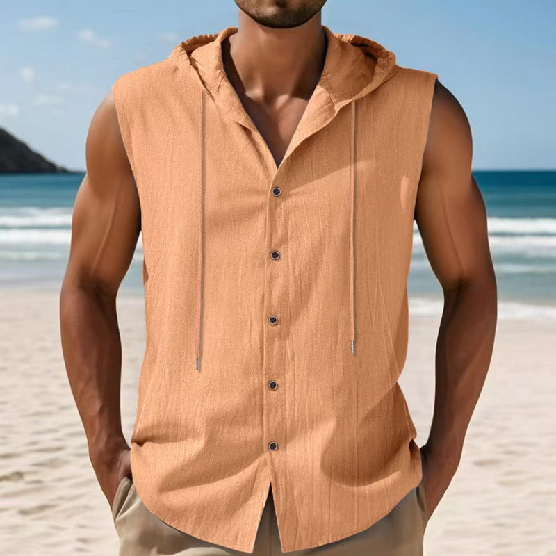 Men's sleeveless hooded shirt made of crepe-structured cotton blend with continuous button placket and drawstring StylebySassy