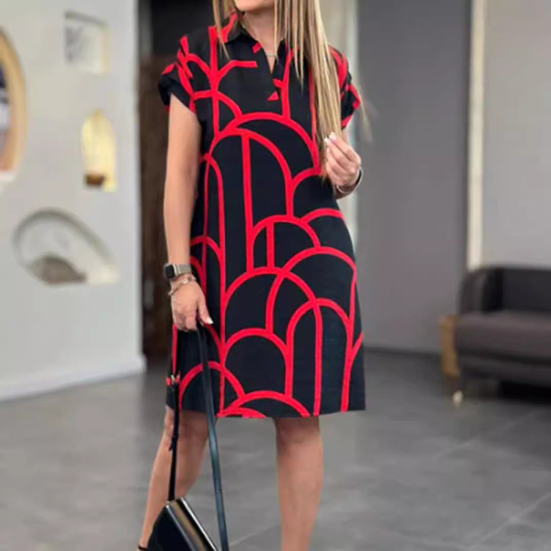 Ladies' geometric shift dress with polo collar and rolled-up short sleeves StylebySassy