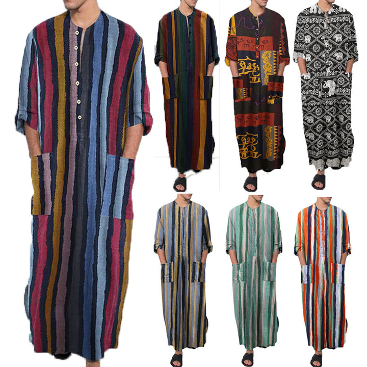 Men's ankle-length striped linen blend kaftan with stand-up collar and patch waist pockets StylebySassy