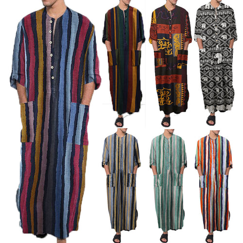 Men's ankle-length striped linen blend kaftan with stand-up collar and patch waist pockets StylebySassy