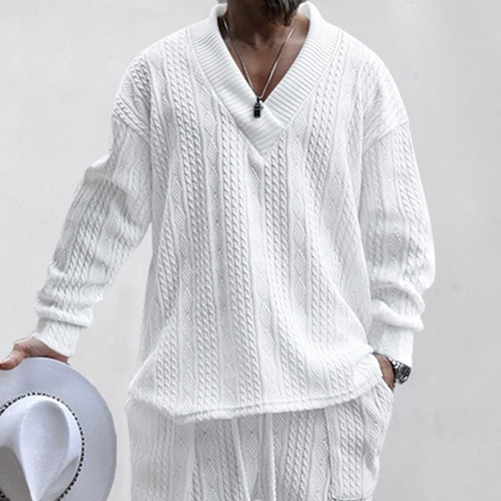 Men's Oversize Cable Knit Long Sweater with Deep V-Neck and Matching Knit Pants StylebySassy