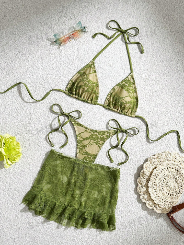 Ladies Lace Bikini with Floral Design and Flowing Skirt StylebySassy
