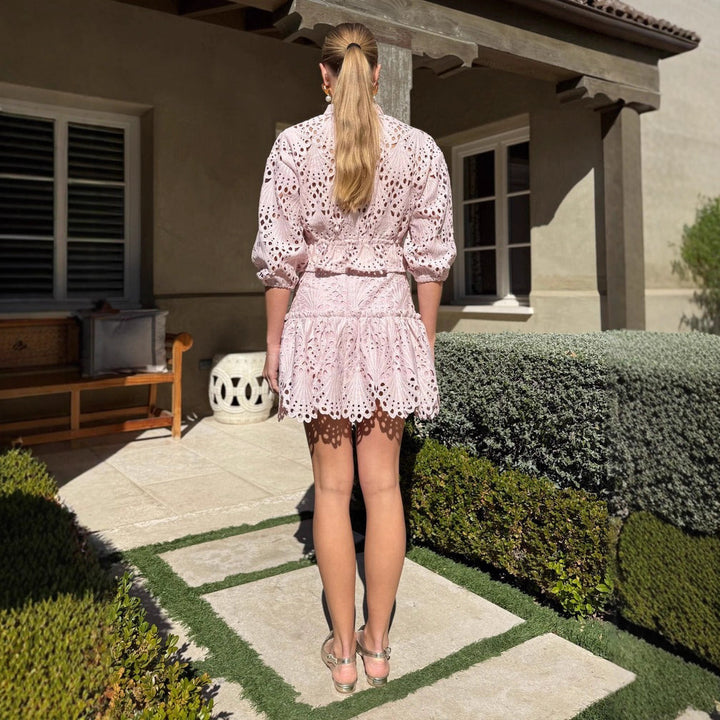 Ladies nan Broderie-Anglaise Two-piece with embroidered blouse and waist-accentuating flounce skirt StylebySassy