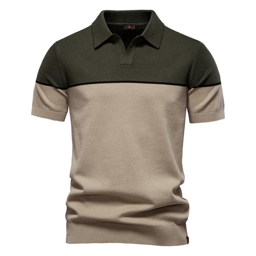 Men's modern short sleeve polo shirt made of fine knit with open lapel collar and horizontal contrast yoke StylebySassy