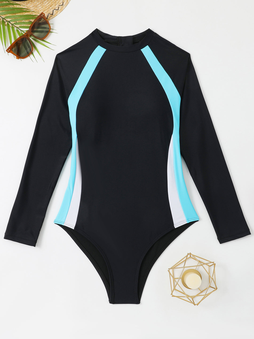 Women's Athletic Long Sleeve Swimsuit with Color Block Design StylebySassy